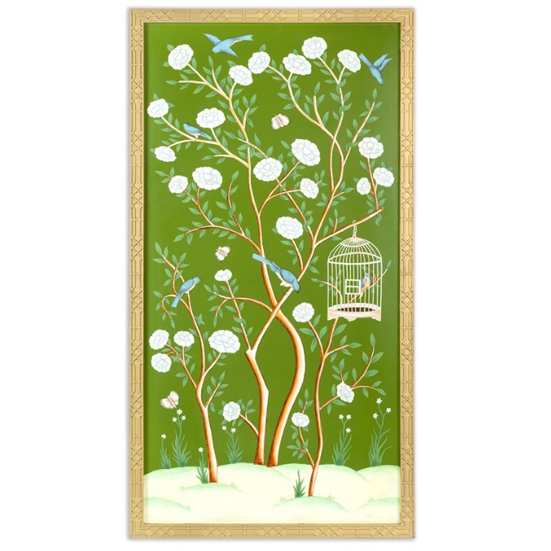 The Enchanted Home Moss Green And Multi Color Bird Cage Chinoserie Mural