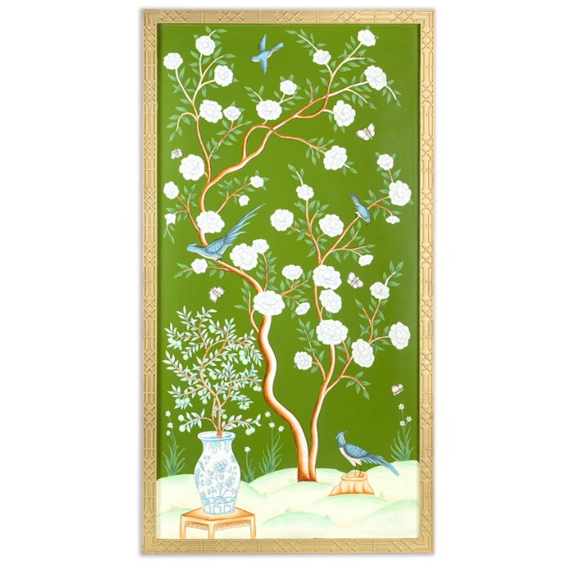 The Enchanted Home Moss Green And Multi Color Vase Chinoserie Mural