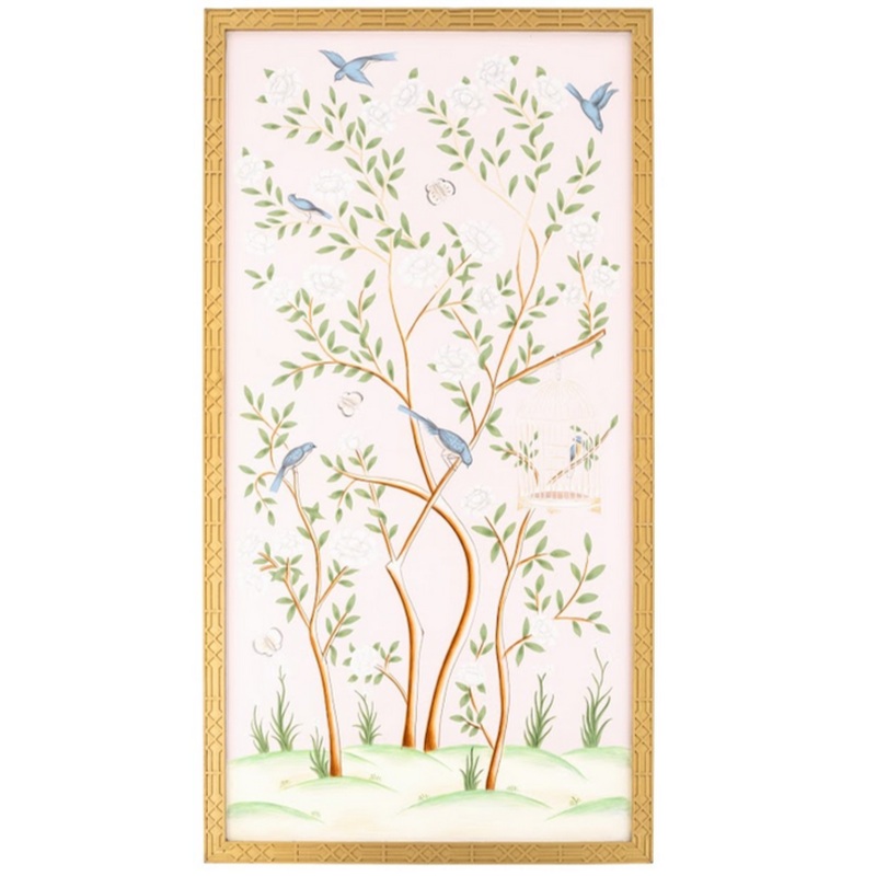 The Enchanted Home Pale Pink And Multi Color Bird Cage Chinoserie Mural