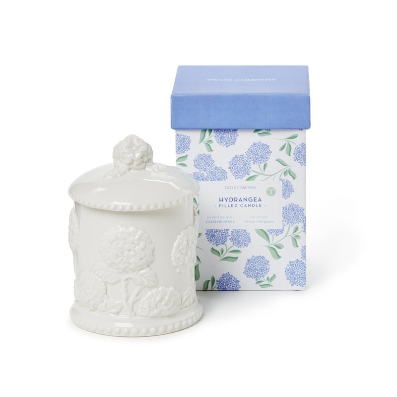 Two's Company Hydrangea Relief Filled Candle - Fresh Blooms