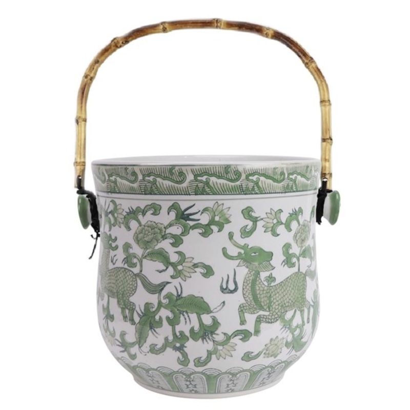 The Enchanted Home Green & White Bamboo Handle Ice Bucket