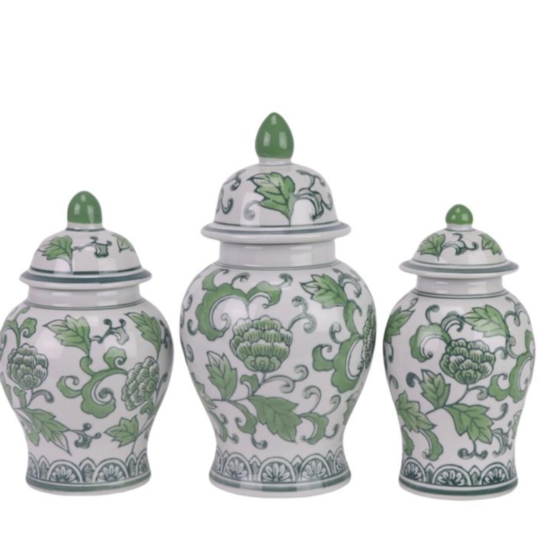 The Enchanted Home Set of 3 Green & White Floral Food Safe Jars