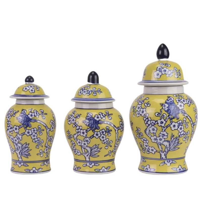 The Enchanted Home Set of 3 Yellow & Blue Floral Food Safe Jars