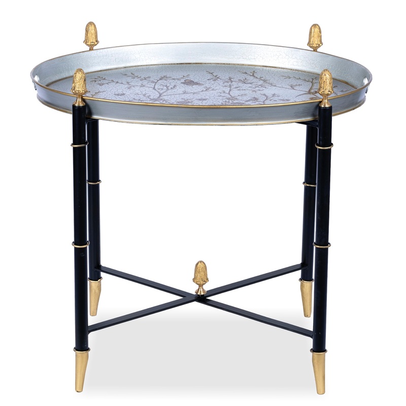 The Enchanted Home Pewter Round Tray & Black Table with Gold Finials