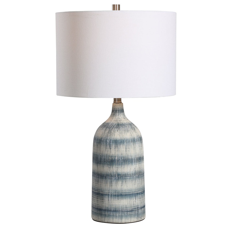 Decor Market Textured Ceramic Table Lamp With A Mixture Of Blue And White Asymmetrical Stripes