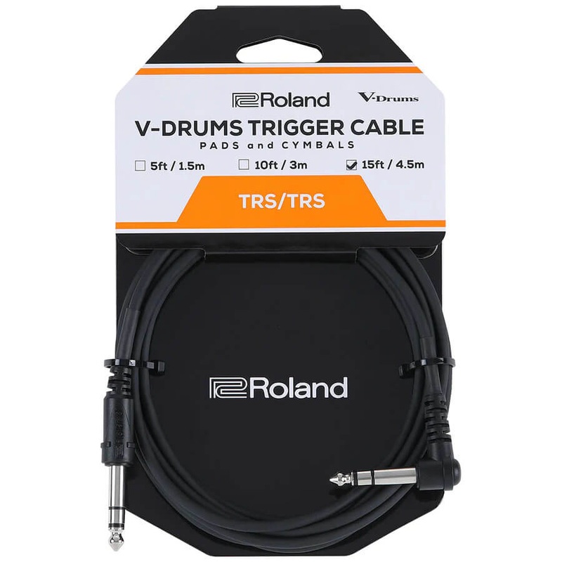 Roland V-Drums Trigger Cable 15ft, Balanced TRS, Angled 1/4" - Straight 1/4"