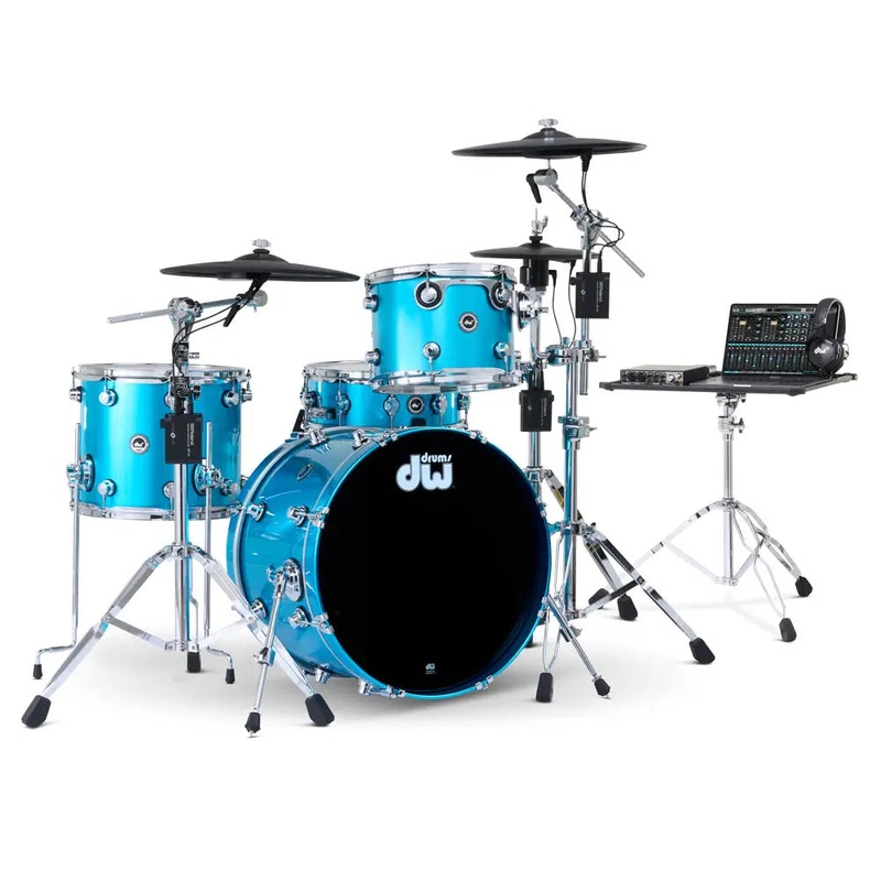 FREE BAG OFFER! DW DWe 4pc Complete Electronic/Acoustic Drum Set w/Roland Cymbals Laser Blue Metallic