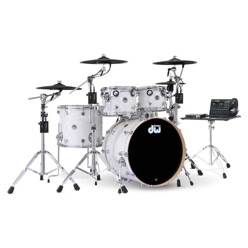 FREE BAG OFFER! DW DWe 5pc Complete Electronic/Acoustic Drum Set w/Roland Cymbals White Marine Pearl