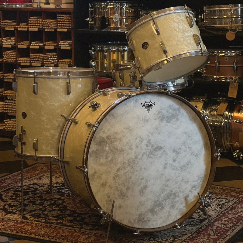 VINTAGE 1950's Leedy & Ludwig Drum Set in White Marine Pearl - 14x24, 9x13, 16x16, w/ 5.5x14 Snare