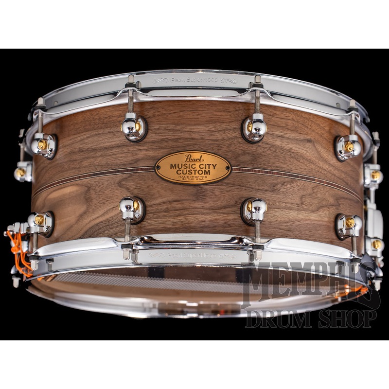 Pearl 14x6.5 Music City Custom Solid Walnut Snare Drum with Kingwood Center Inlay
