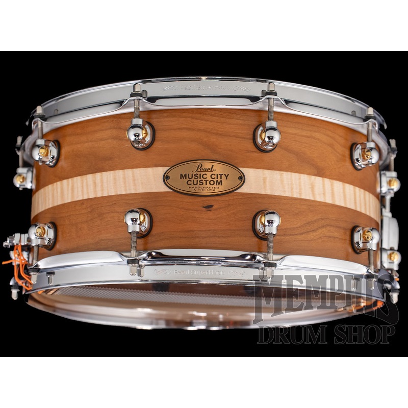 Pearl 14x6.5 Music City Custom One Of A Kind Solid Cherry Snare Drum with Ribbon Figured Maple Inlay